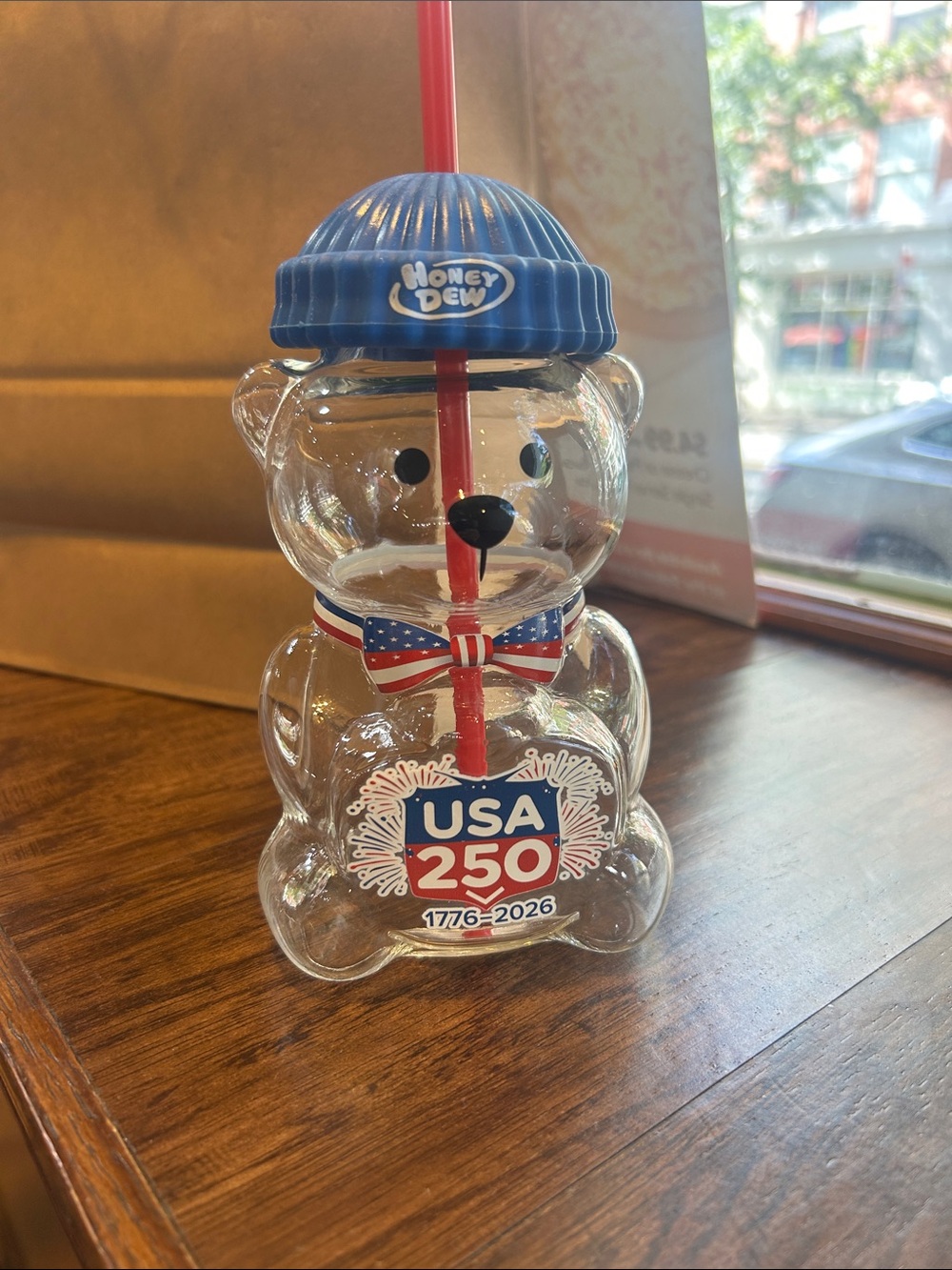 Honeydew Intimates Clear Bear Sipper with Blue Lid and Red Straw